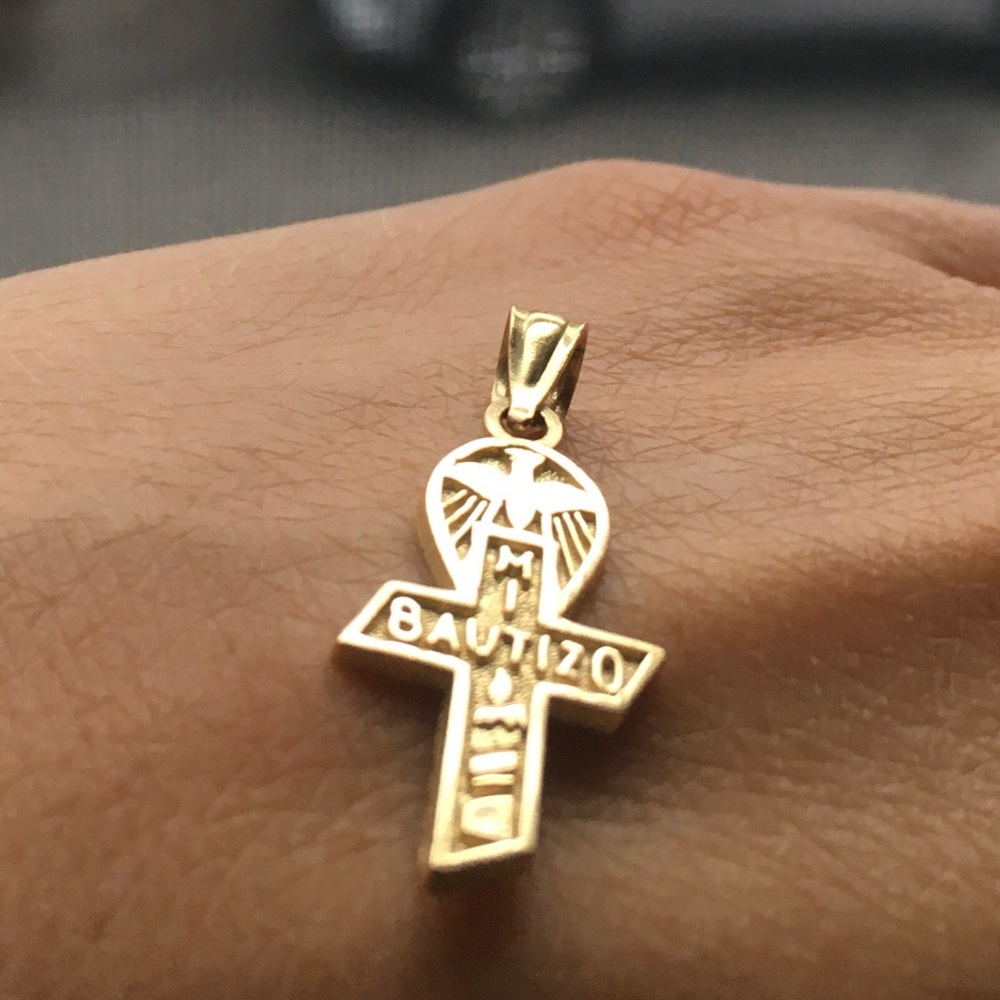 14K Gold Baptism Gold Cross Ank Ankh MI BAUTIZO Dove Pendant Charm